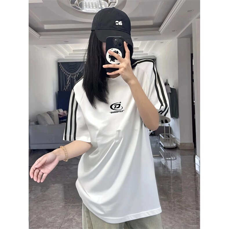 抖音得物高品质二开240克宽松纯棉美式潮牌三条杠织带短袖T恤,男装T恤,电商A486