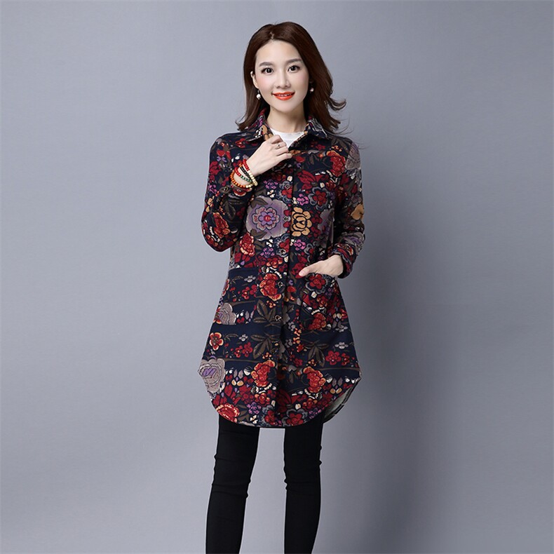 长袖中长款方领碎花修身植绒2020年冬季衬衫,女装衬衫,独衣靓