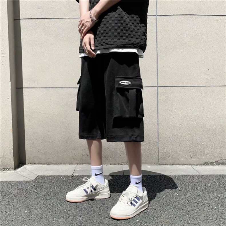 潮牌港风宽松直筒七分裤男韩版工装夏季百搭大口袋短裤D873-P30,鞋裤的搭配什么衣服图片