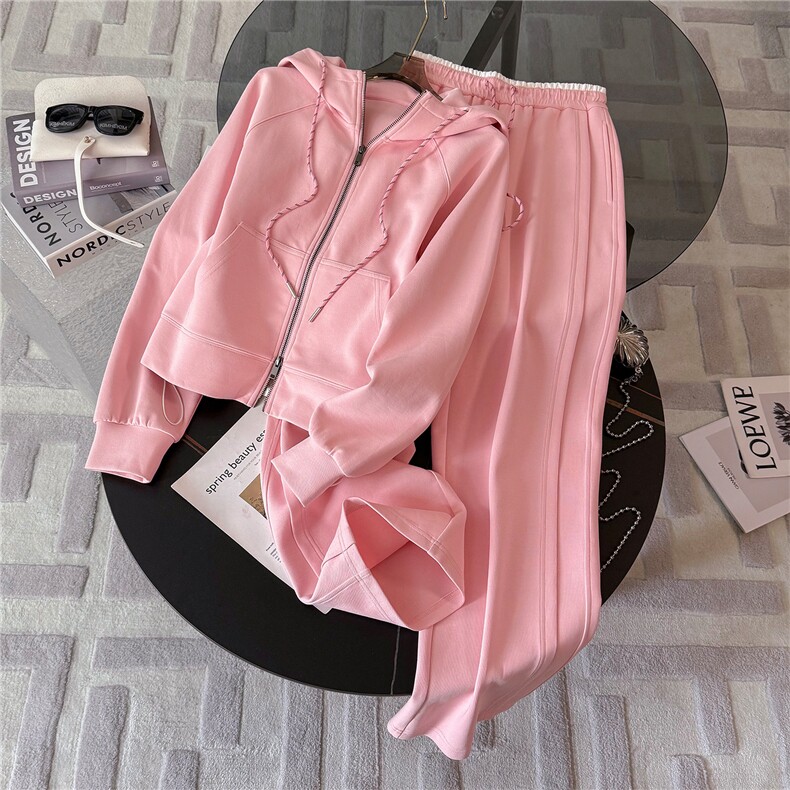 高级感时尚气质休闲套装女初秋新款纯色拉链开衫卫衣阔腿裤两件套，女装套装/套裙，江南