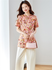 新中式人丝印花国风衬衫女薄2025夏季新款气质衬衫T恤休闲一整套，女装衬衫，新依时派