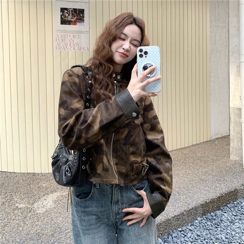 美式复古迷彩短款外套女2025年秋季新款小个子宽松休闲夹克上衣潮,女装短外套,1C130