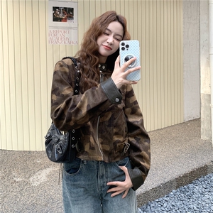 美式复古迷彩短款外套女2025年秋季新款小个子宽松休闲夹克上衣潮图片