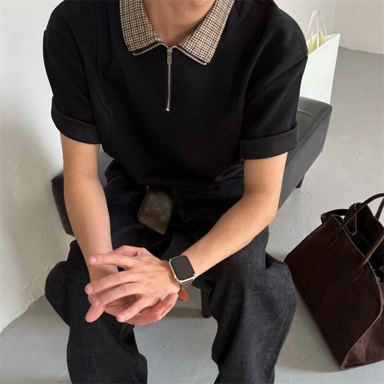 夏季美式复古拼接格子半拉链短袖t恤男女潮牌宽松休闲翻领polo衫,男装T恤,星座506A