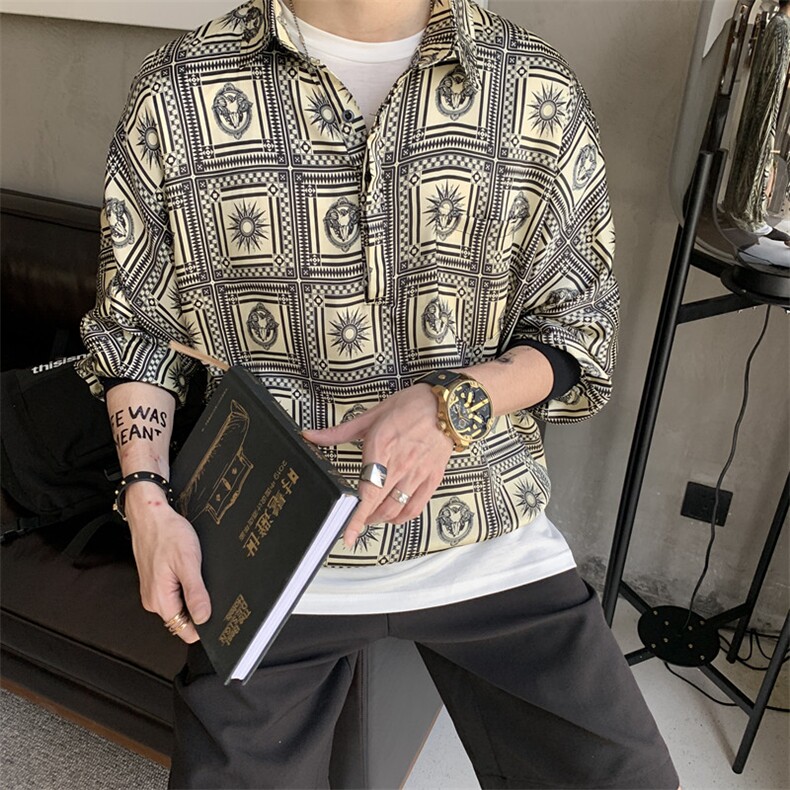 定制款丝光缎面印花套头衬衫雅痞气质五分袖上衣A452--1909--P58,男装衬衫,电商A452