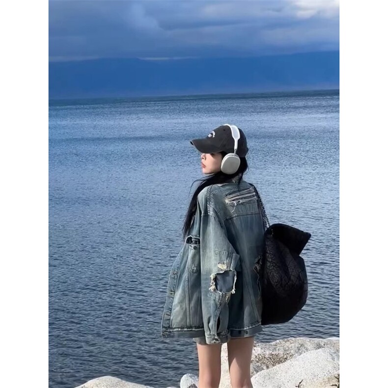 S198-P80 潮牌美式覆古破洞补丁牛仔外套图片