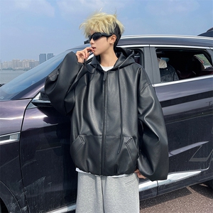 美式复古连帽皮衣外套男秋冬款痞帅高级感机车服潮牌PU皮夹克图片