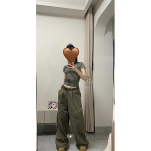美式复古棕色牛仔裤男女褶皱水洗裤子大口袋工装裤N1002WW-特P65图片