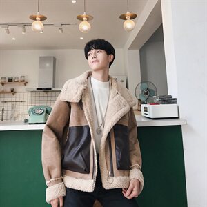 20新文艺复古拼接羊羔毛机车夹克棉服短裤外套mj231图片