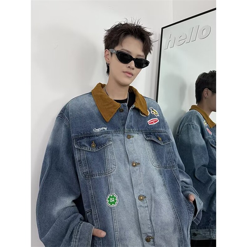 美式复古高街牛仔外套季机车潮牌翻领宽松刺绣夹克上衣,男装工装外套,星座1018A