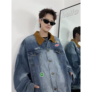 美式复古高街牛仔外套季机车潮牌翻领宽松刺绣夹克上衣图片