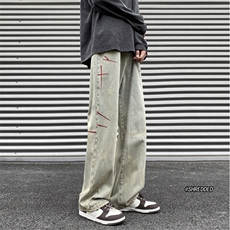 水泥色oversize美式高街刺绣牛仔裤腰带男潮牌黄泥hiphop阔腿裤子，男装牛仔裤，电商B315