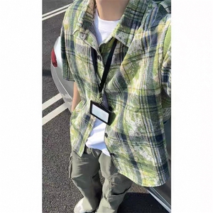 美式扎染格子衬衫短袖男女同款夏季衬衣半袖外套DC2240-特价P25图片