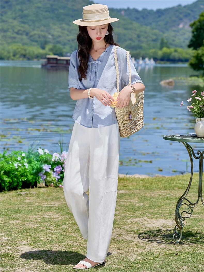 亚麻套装女2026夏季新款套装女蕾丝领带宽松上衣气质透气休闲裤,女装套装/套裙,梦懿尔