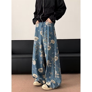 美式复古花卉印花阔腿牛仔裤宽松阔腿拖地裤子 1001-1-N7089-P48图片
