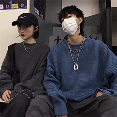 港风新款圆领毛衣男女韩版宽松潮流情侣休闲套头打底针织衫M803，男装T恤，星座516A