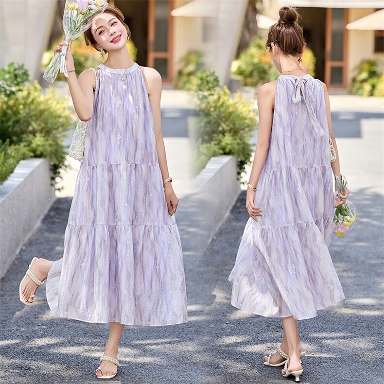 法式碎花挂脖连衣裙女装2025夏季高级感气质优雅宽松显瘦裙子，女装连衣裙，盈茜