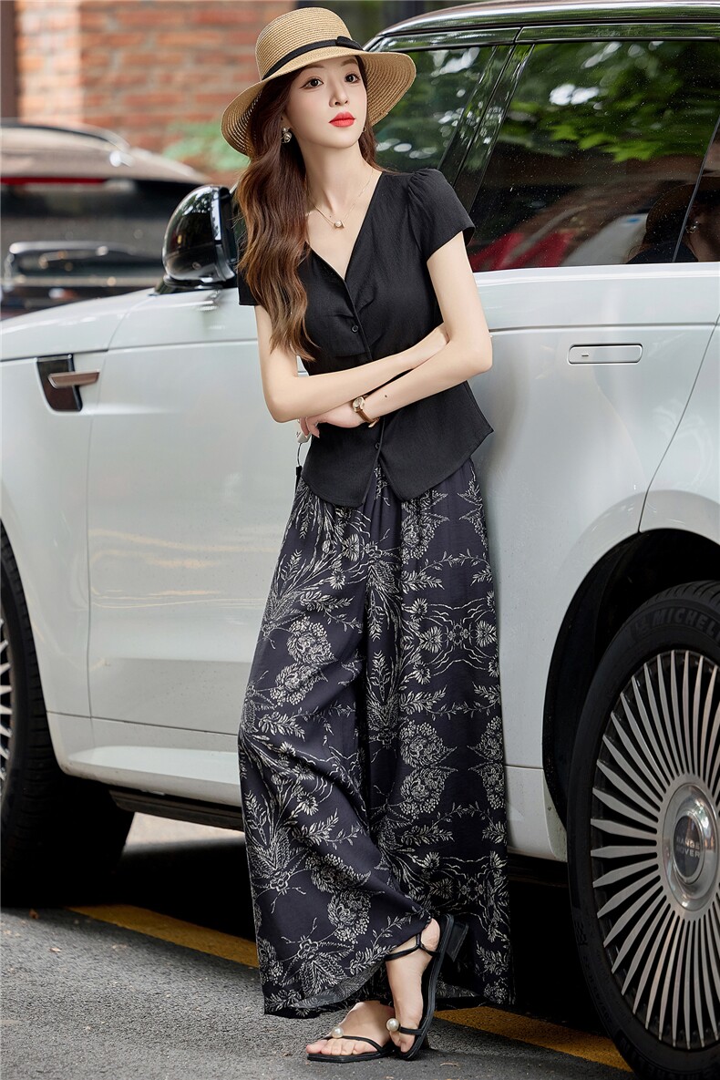 时尚天丝棉麻套装女2026夏新款通勤气质V领衬衫印花阔腿裤两件套,女装套装/套裙,微微衣阁