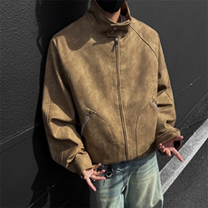 得物二开男美式复古仿麂皮PU皮夹克翻领简约宽松外套JK1247-P80，男装夹克，星座1103-3