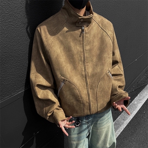 得物二开 男美式复古仿麂皮PU皮夹克翻领简约宽松外套JK1247-P80图片