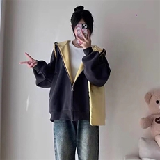 抖音得物二开美式高街重磅结构双层撞色连帽卫衣开衫外套W116，男装卫衣，电商A486