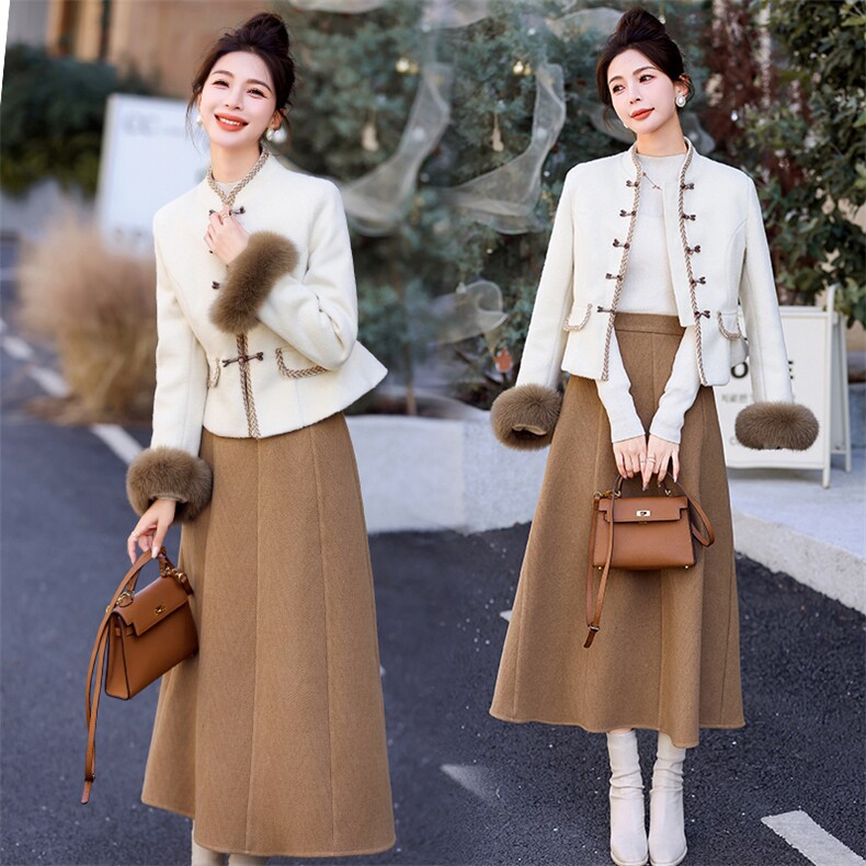 【新中式现货】2024新款冬小香白鸭绒羽绒气质套装袖毛真毛可脱卸，女装羽绒服，丽美静依