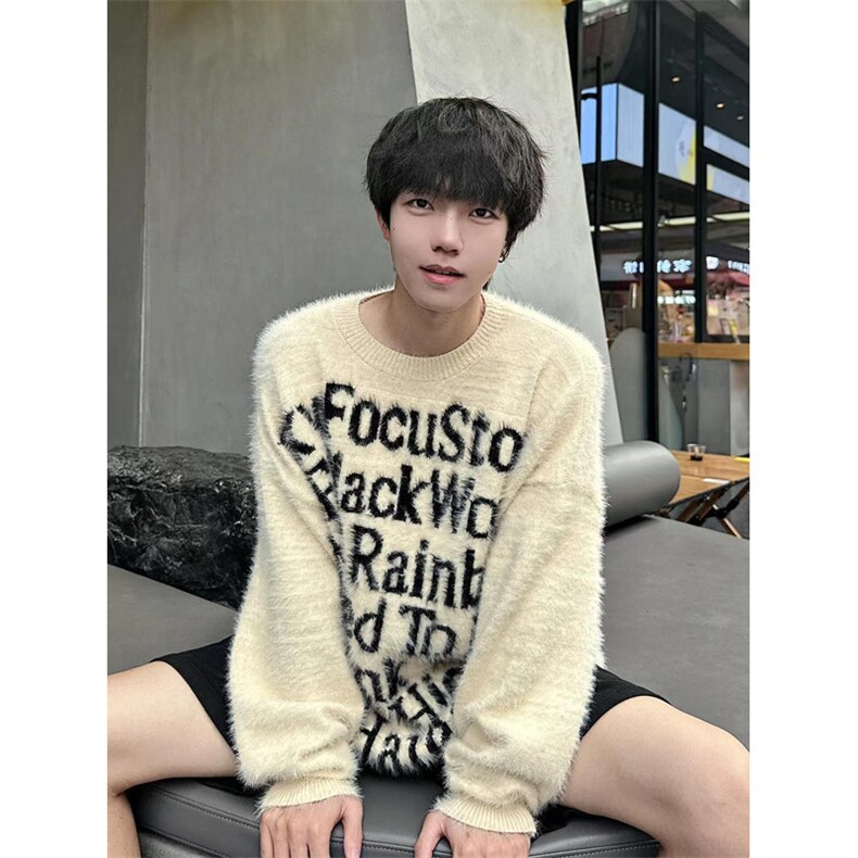 水貂绒毛衣字母男款秋冬季慵懒风针织衫毛绒绒上衣 MY91510图片