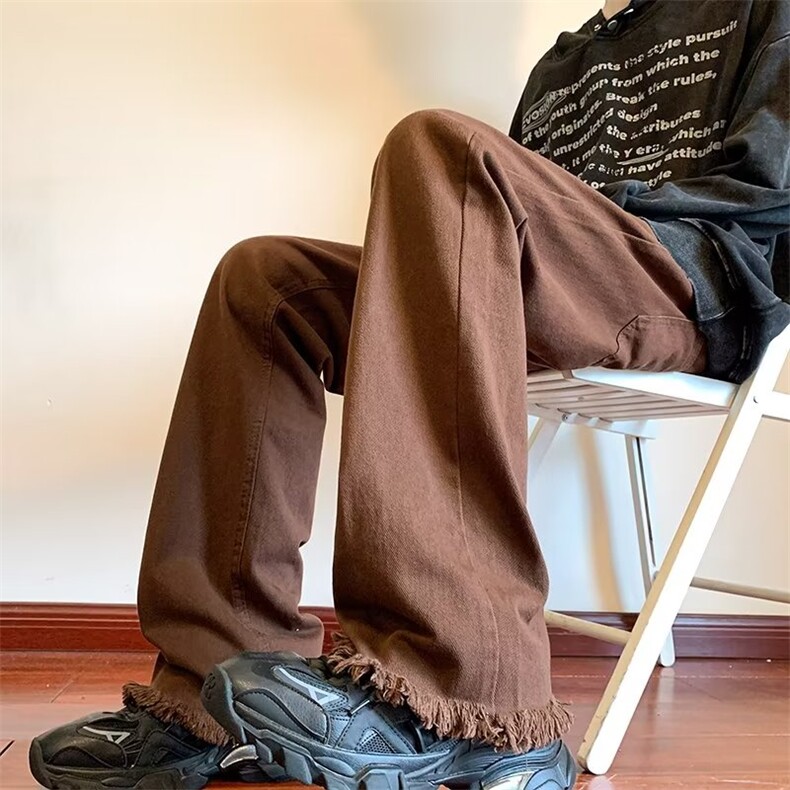 美式复古牛仔裤男秋季直筒修身毛边裤子高街vibe痞帅微喇休闲长裤图片