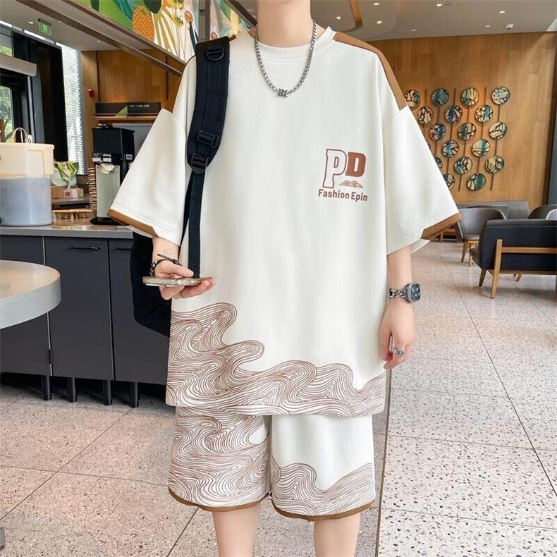TZ24356-特P50男士字母印花运动休闲套装夏季圆领短袖T恤港风短裤,男装牛仔裤,电商D310B