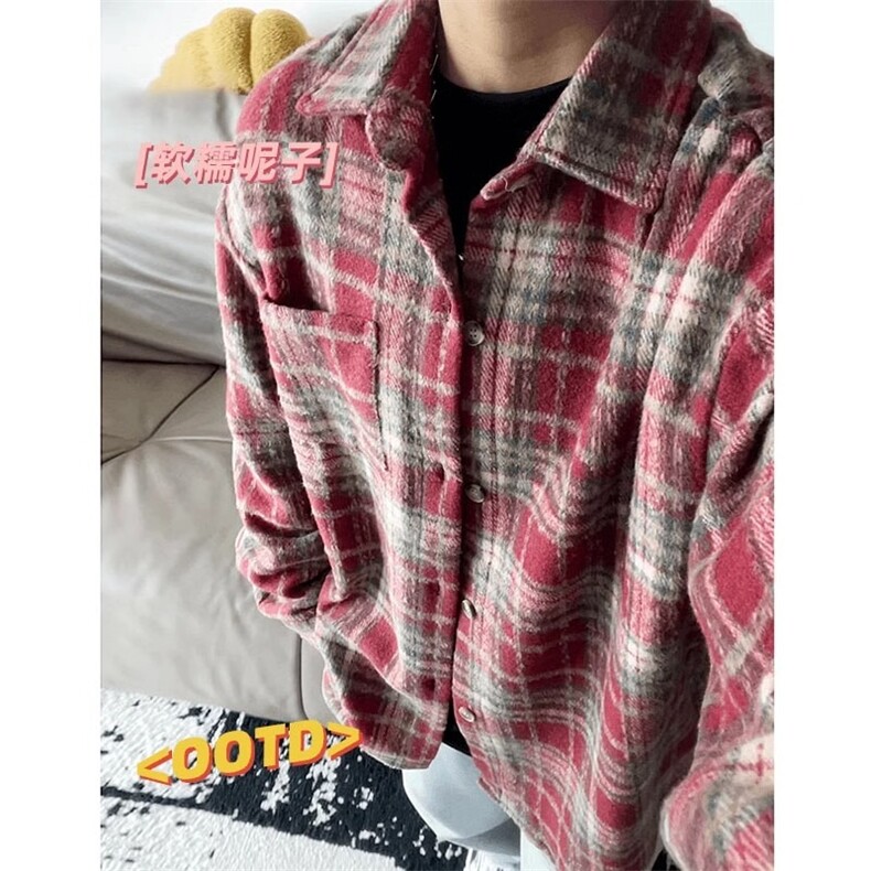 磨毛加厚格子衬衫男女秋冬季美式复古法兰绒呢子外套宽松百搭衬衣图片