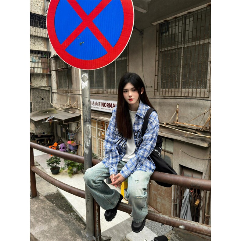 【有货】格子长袖衬衫男女同款字母设计感防晒外套K376CC-特P46,男装防晒衣,星座1007（原301D）