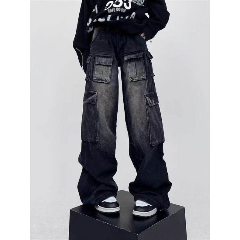 2025美式街头设计感阔腿工装长裤男女宽松水洗复古风牛仔裤网图，男装牛仔裤，星座613