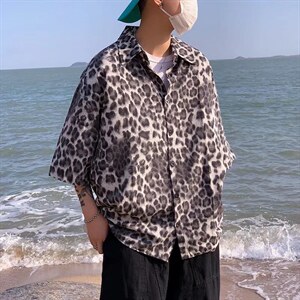 短袖衬衫春款男港风潮流冰丝豹纹五分袖衬衫CS17P30图片