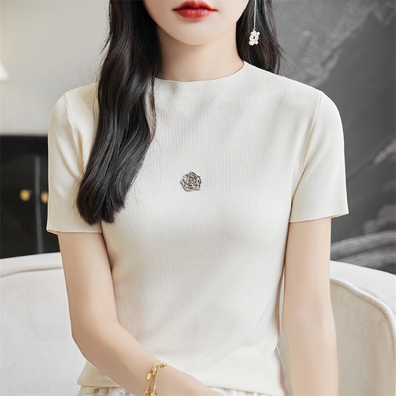 圆领新款针织女短袖纯色简约百搭宽松套头上衣通勤,针织衫/毛衣,戎洋