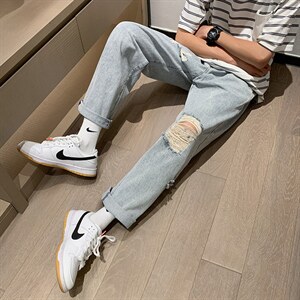 破洞牛仔裤夏薄款裤子高街ins潮牌vibe风格阔腿九分裤 K1196-P38图片