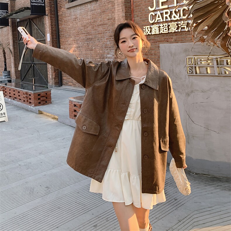 皮衣外套女中长款2025年春秋新款韩版宽松大码休闲机车服夹克上衣，女装皮衣，简古