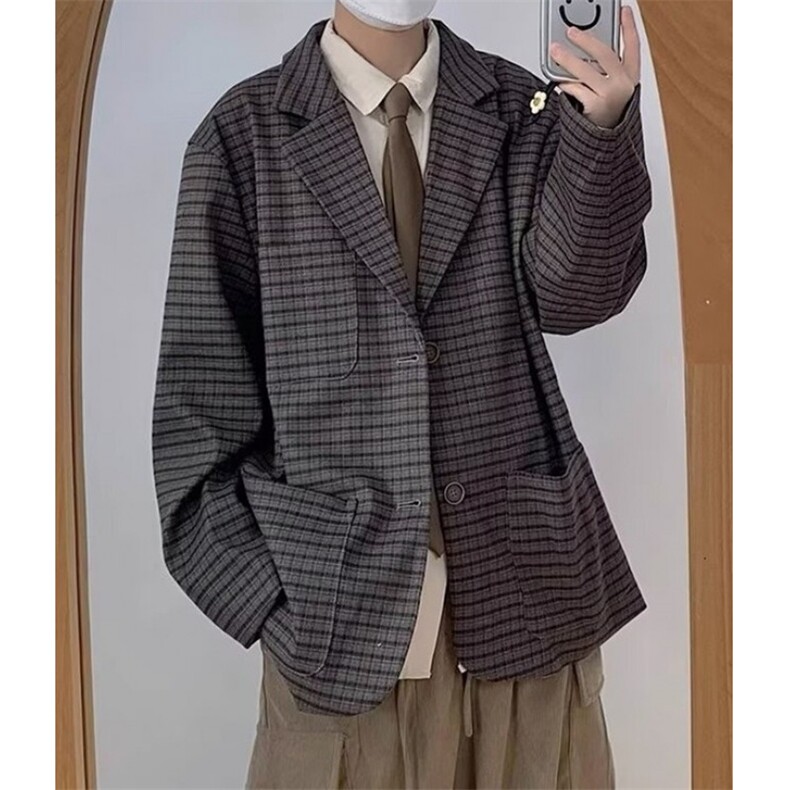 春秋复古细格纹西服男生宽松休闲小众设计小西装上衣外套XB18,男装西服套装,星座1116A（原606A-3）