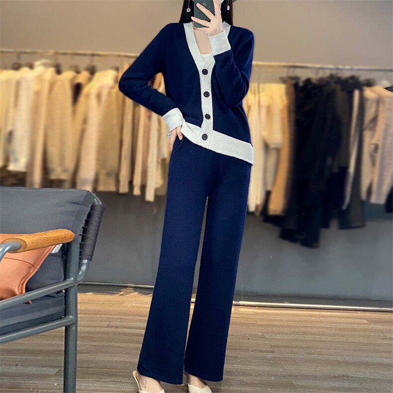 时尚百搭羊毛拼接套装显瘦宽松长裤开衫两件套,女装羊毛衫,梵泰羊绒