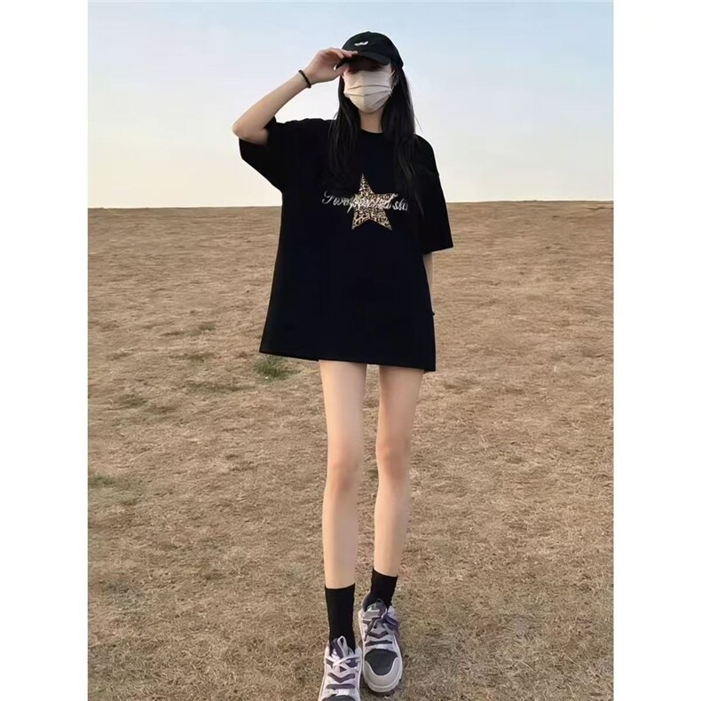 美式潮牌高街豹纹五角星短袖T恤男女宽松情侣半袖ins,男装T恤,星座1210-1