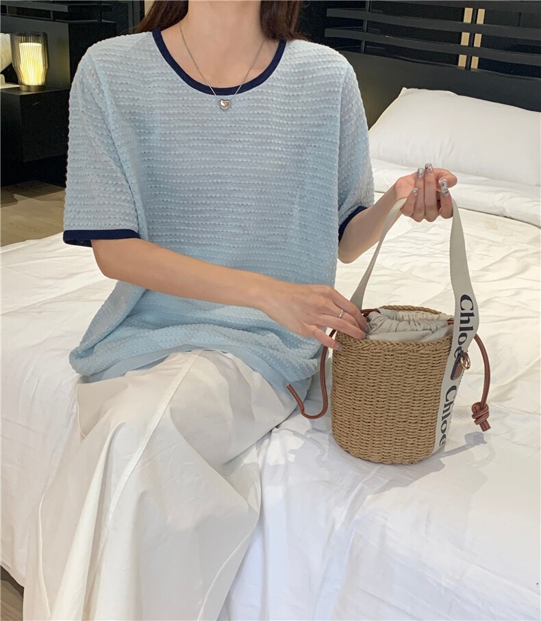 夏季新款简约百搭短袖针织衫女宽松休闲上衣,针织衫/毛衣,伟祺羊绒