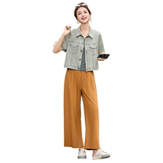 复古短袖牛仔短袖衬衫套装女2025夏新款时尚条纹吊带阔腿裤三件套，女装套装/套裙，采品优优
