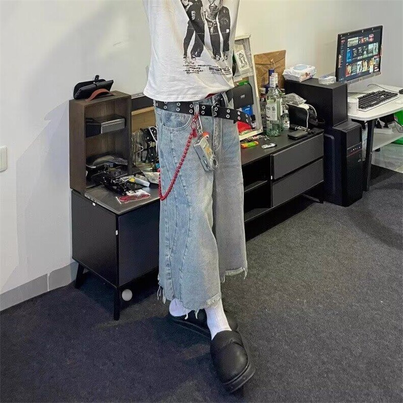 网图毛边破洞牛仔短裤男美式街头百搭宽松七分裤子,男装牛仔裤,星座410-7