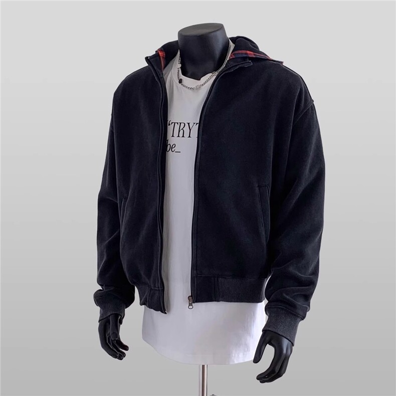 格子拼接连帽卫衣男女款复古潮牌美式高街假两件开衫情侣卫衣外套,女装短外套,星座302B