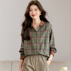 衬衫女长袖2026春秋新款大码宽松遮肚上衣洋气减龄撞色格子衬衫，女装衬衫，独衣靓