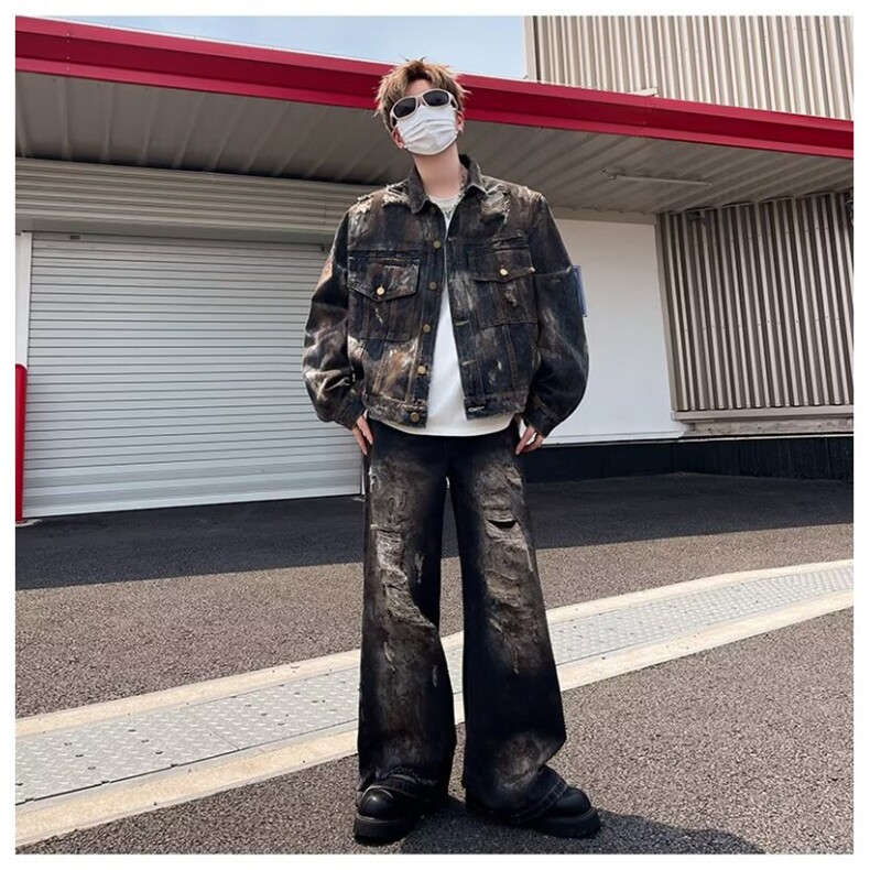 水洗破洞微喇牛仔牛仔裤男宽松炸街vibe风重工垫肩夹克上衣两件套,男装夹克,星座1013