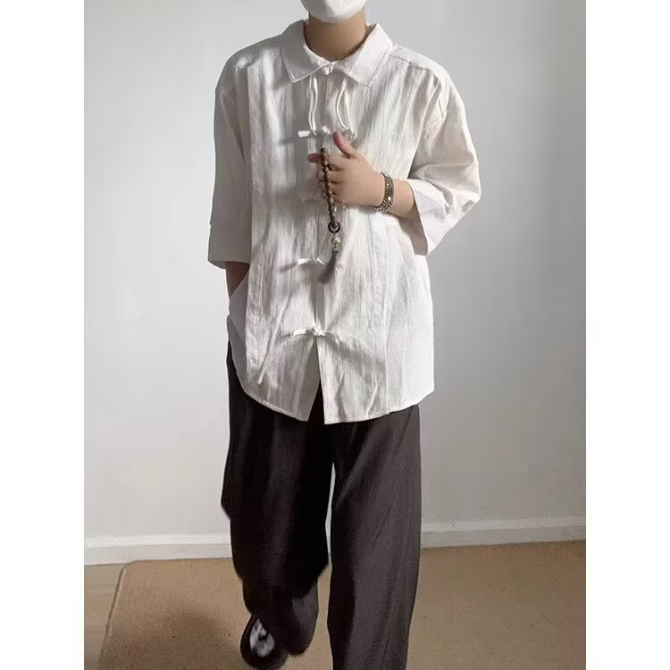 男装风盘扣七分袖棉麻衬衫外套夏季唐装褶皱半袖衬衣潮T5207,男装T恤,星座208-5