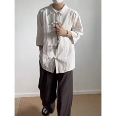 男装风盘扣七分袖棉麻衬衫外套夏季唐装褶皱半袖衬衣潮T5207，男装T恤，星座208-5