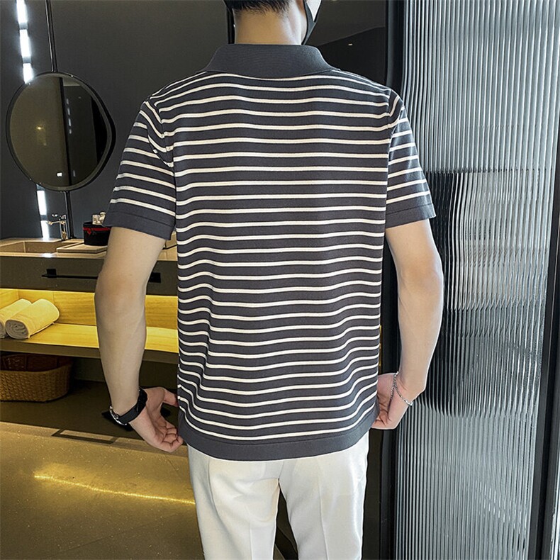 轻熟风复古潮流黑白条纹短袖修身透气休闲上衣夏季男士针织Polo衫,男装T恤,星座506