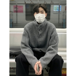 秋冬新款开衫毛衣美式复古休闲慵懒风针织衫男纯色外套LM571-p55图片