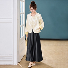 新中式G风套装女2026春新款优雅时尚复古盘扣刺绣文艺范两件套裙，女装套装/套裙，时尚俏佳人